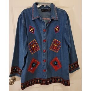Life Style Denim Jacket Embroidered Southwest Boho Size M